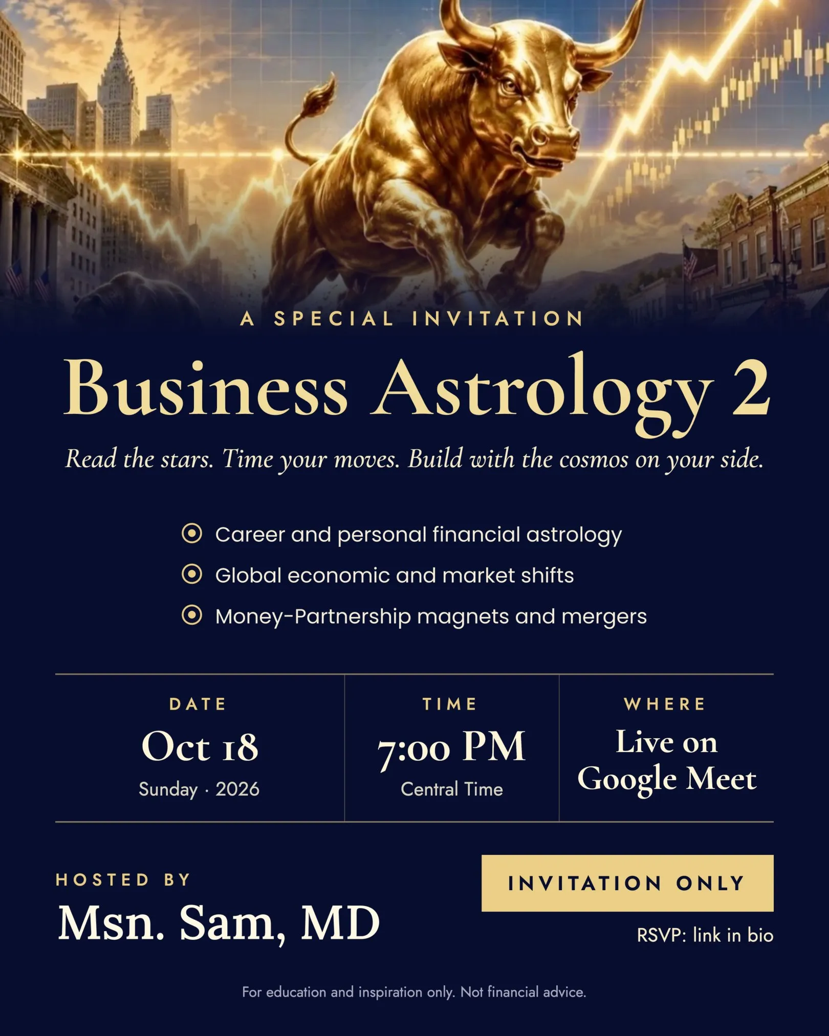 Business Astrology 2 poster: a golden bull charging past a city skyline, Sunday October 18 at 7 PM Central Time on Google Meet, hosted by Msn. Sam, MD