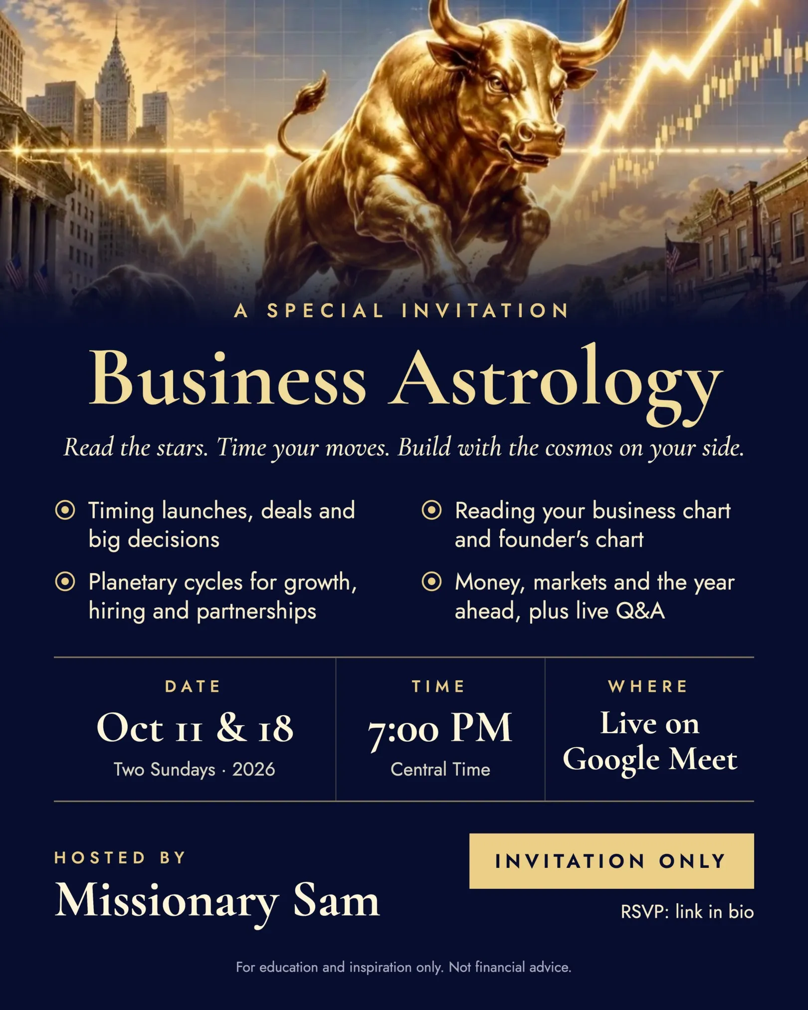 Business Astrology poster: a golden bull charging past a city skyline, with the dates, time and Google Meet details
