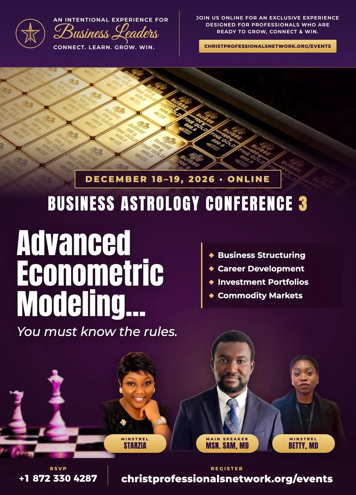 Business Astrology Conference 3 poster: gold bars, December 18 to 19, 2026, online, with main speaker Msn. Sam, MD, Minstrel Starzia and Minstrel Betty, MD